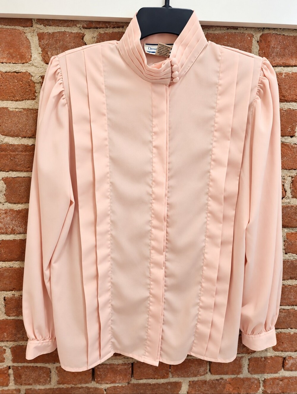 Dana Alexander Blush Pink Pintuck High Neck Button Puff Sleeve Blouse Size 8